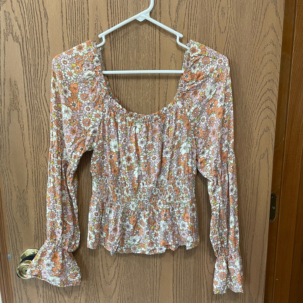 SO Peach and White Floral Smocked Peasant Top